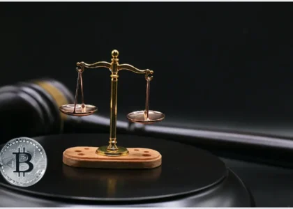 Balança da justiça com martelo e símbolo do Bitcoin, representando a inclusão de criptoativos em processos de inventário judicial