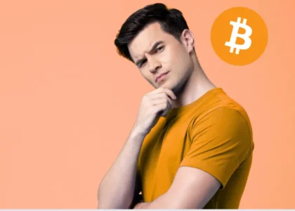 Man thinking with Bitcoin logo — illustrating covered calls and wheel strategy for BTC income