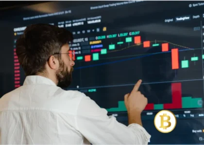 Trader analisando gráfico de velas em tela grande com símbolo do Bitcoin, representando estratégias de negociação com opções