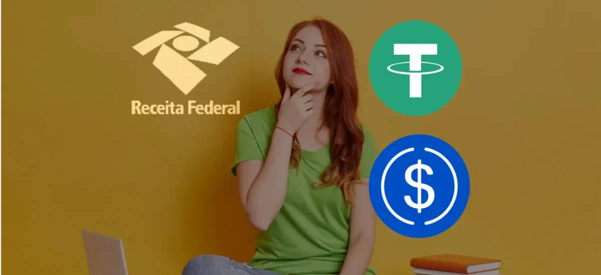 Mulher pensativa com logos da Receita Federal, USDT e USDC representando declaração de stablecoins no imposto de renda