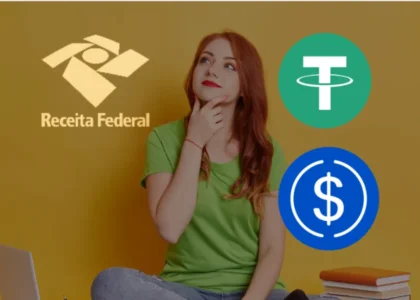 Mulher pensativa com logos da Receita Federal, USDT e USDC representando declaração de stablecoins no imposto de renda