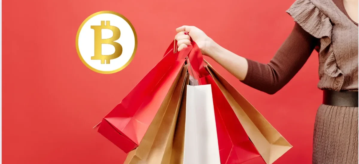 Mulher segurando sacolas de compras com símbolo do Bitcoin ao lado, representando pagamentos em cripto no cotidiano