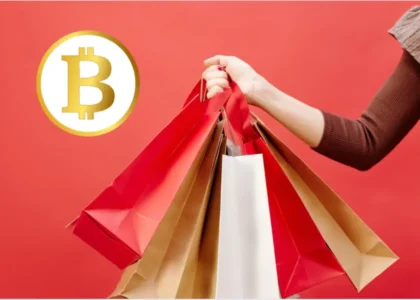 Mulher segurando sacolas de compras com símbolo do Bitcoin ao lado, representando pagamentos em cripto no cotidiano