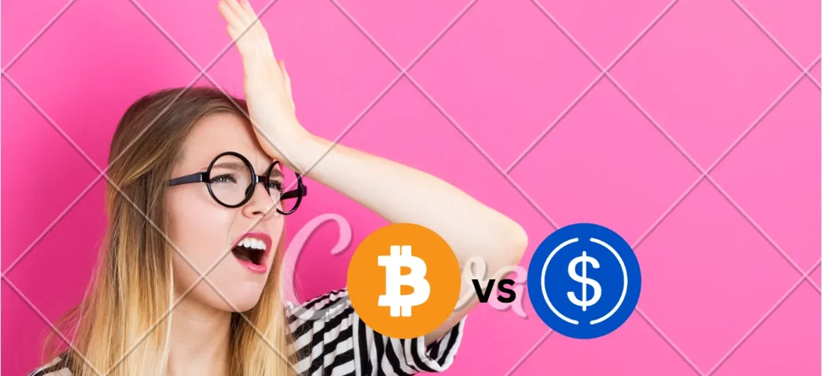 Woman realizing mistakes in crypto taxes with Bitcoin vs stablecoins on 2025 IRS return