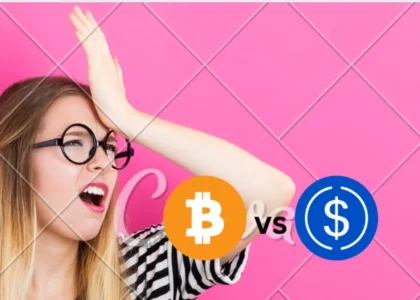 Woman realizing mistakes in crypto taxes with Bitcoin vs stablecoins on 2025 IRS return