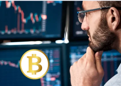 Investidor analisando gráficos em múltiplas telas com símbolo do Bitcoin, representando estratégias de opções no mercado cripto