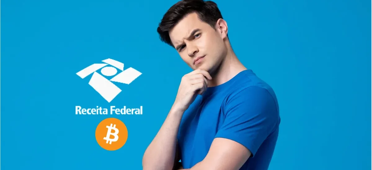 Homem pensativo com logo da Receita Federal e Bitcoin, simbolizando emissão de nota fiscal em cripto