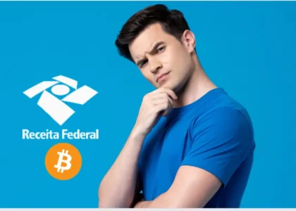 Homem pensativo com logo da Receita Federal e Bitcoin, simbolizando emissão de nota fiscal em cripto