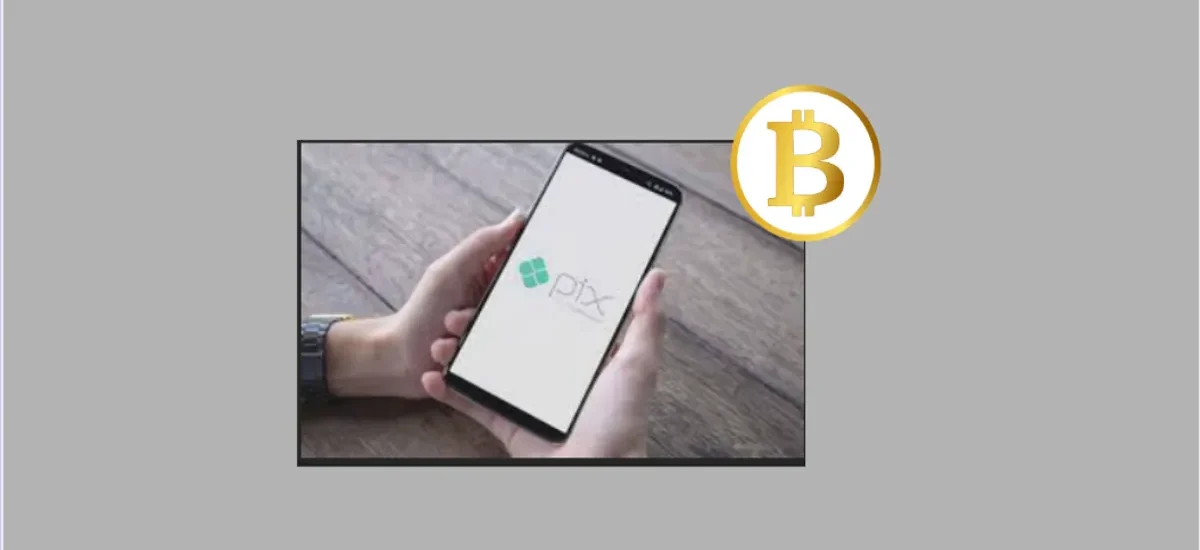 Pessoa segurando celular com tela do Pix ao lado do símbolo do Bitcoin, representando conversão rápida de reais para cripto