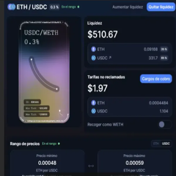 Interface de pool de liquidez ETH/USDC mostrando liquidez de $510 e recompensas não reclamadas