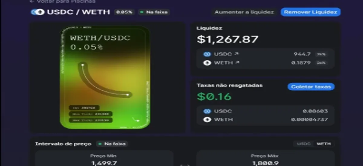 Interface de pool de liquidez USDC/WETH mostrando liquidez total de $1.267 e taxas não resgatadas