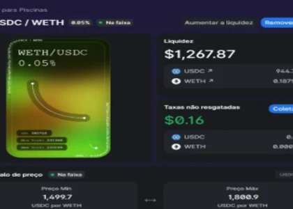 Interface de pool de liquidez USDC/WETH mostrando liquidez total de $1.267 e taxas não resgatadas