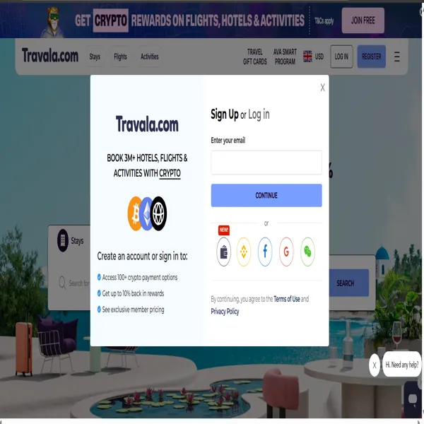 tela inicial da Travala mostrando opção de pagar hotéis e voos com Bitcoin e criptomoedas