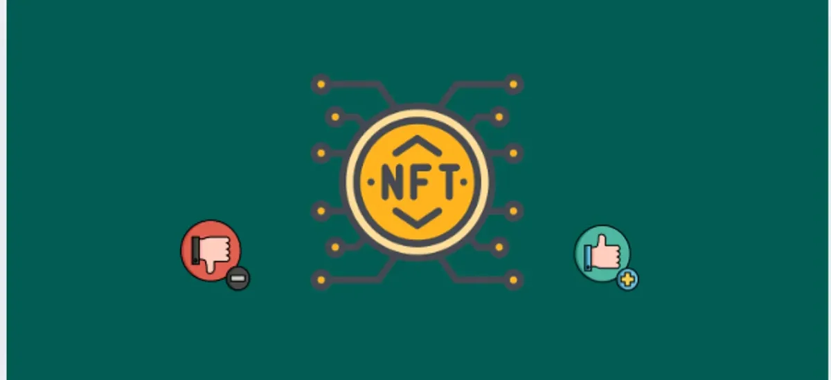 Representação visual de tokenização com ícone NFT e símbolos de prós e contras