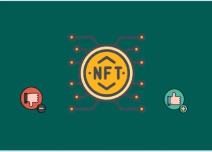 Representação visual de tokenização com ícone NFT e símbolos de prós e contras