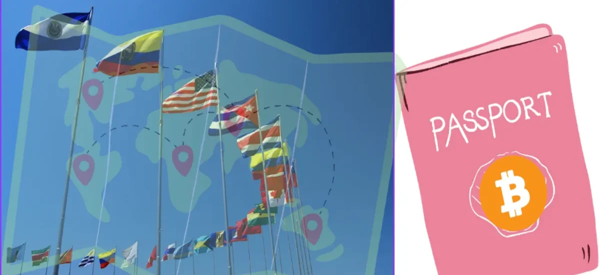 bandeiras da América Latina e passaporte com símbolo Bitcoin representando turismo cripto