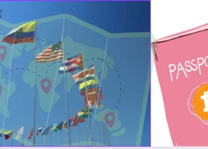 bandeiras da América Latina e passaporte com símbolo Bitcoin representando turismo cripto