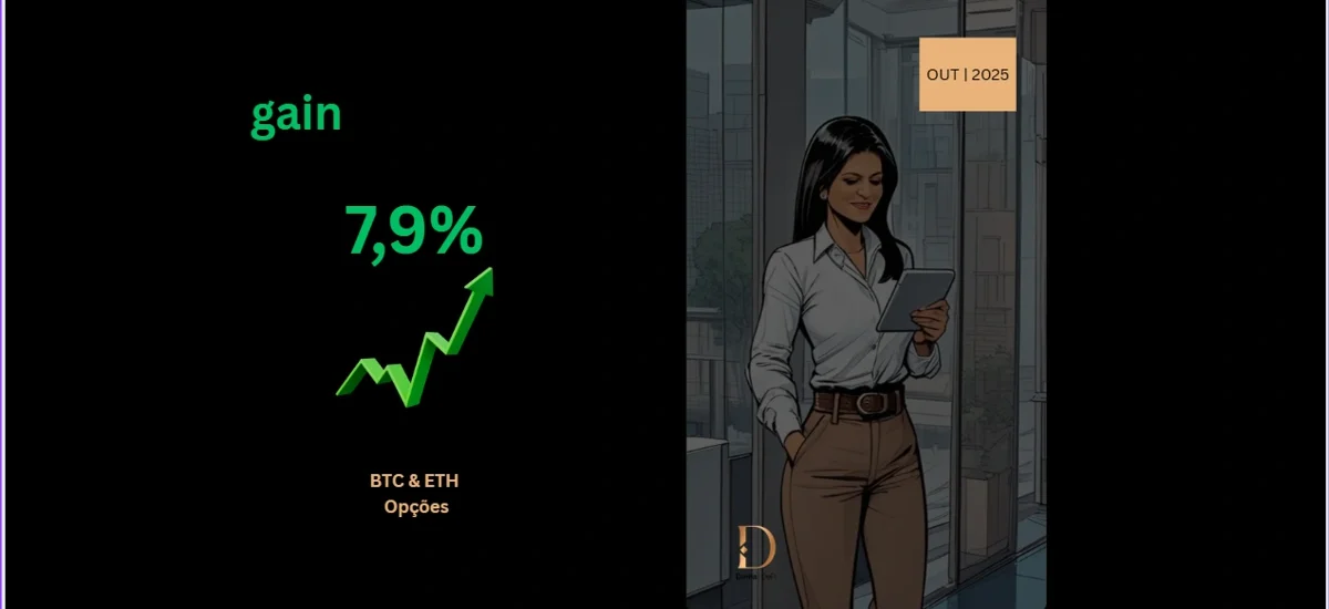 Capa Dama Talk Outubro 2025 mostrando ROI de 7,9% em operações de BTC e ETH.