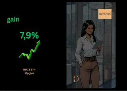 Capa Dama Talk Outubro 2025 mostrando ROI de 7,9% em operações de BTC e ETH.