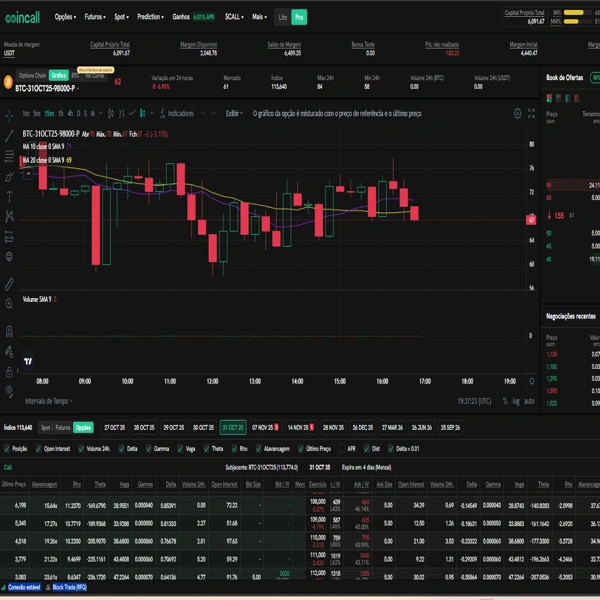 Tela de negociação de opções de Bitcoin na Coincall mostrando Delta, Gamma, Vega, Theta e Rho