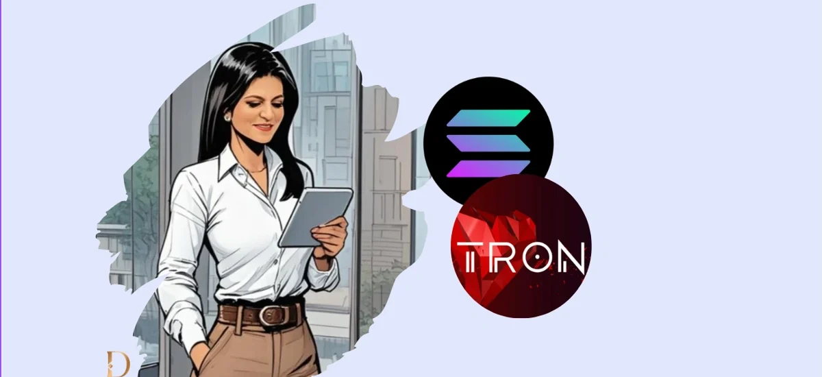 Mulher analisando transações USDT entre redes Tron e Solana para reduzir taxas de envio via PIX