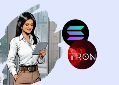 Mulher analisando transações USDT entre redes Tron e Solana para reduzir taxas de envio via PIX