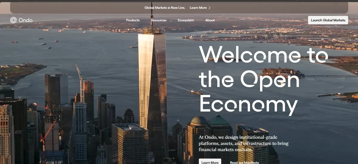 Plataforma de tokenização Ondo Finance, símbolo da nova economia aberta e institucional no ecossistema RWA em 2025.