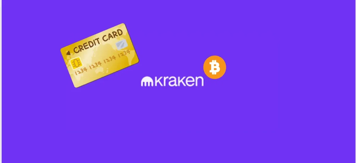 Cartão dourado representando o Kraken Card ao lado do logotipo da Kraken e do símbolo Bitcoin em fundo roxo