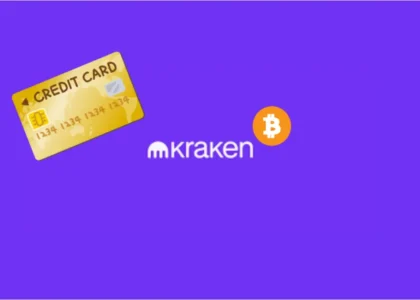 Cartão dourado representando o Kraken Card ao lado do logotipo da Kraken e do símbolo Bitcoin em fundo roxo