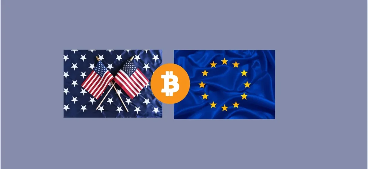 Diferenças entre opções americanas e europeias em Bitcoin — bandeiras dos EUA e União Europeia com símbolo do Bitcoin ao centro