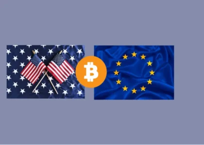 Diferenças entre opções americanas e europeias em Bitcoin — bandeiras dos EUA e União Europeia com símbolo do Bitcoin ao centro