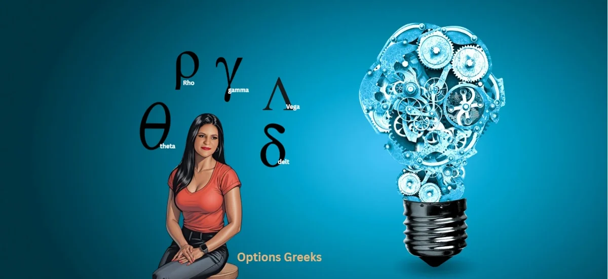 Ilustração Dama DeFi com símbolos das Gregas (Delta, Theta, Vega, Gamma, Rho) representando o raciocínio estratégico nas opções de Bitcoin