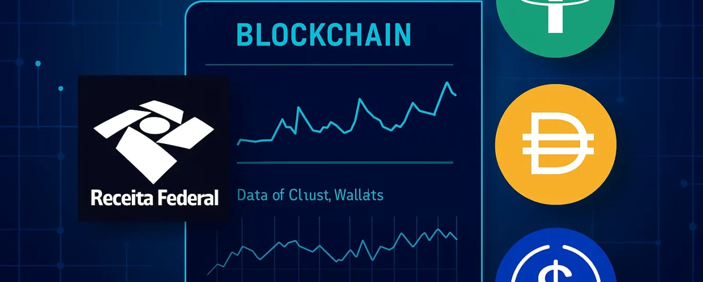 Gráfico de rastreamento blockchain mostrando a Receita Federal e stablecoins como Tether, DAI e USDC.