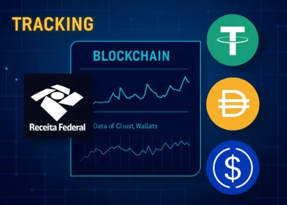 Gráfico de rastreamento blockchain mostrando a Receita Federal e stablecoins como Tether, DAI e USDC.