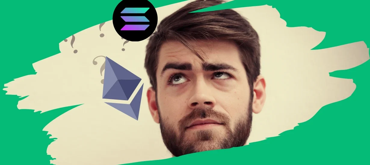 Homem olhando para cima confuso enquanto decide entre Solana e Ethereum sobre fundo verde estilizado.”
