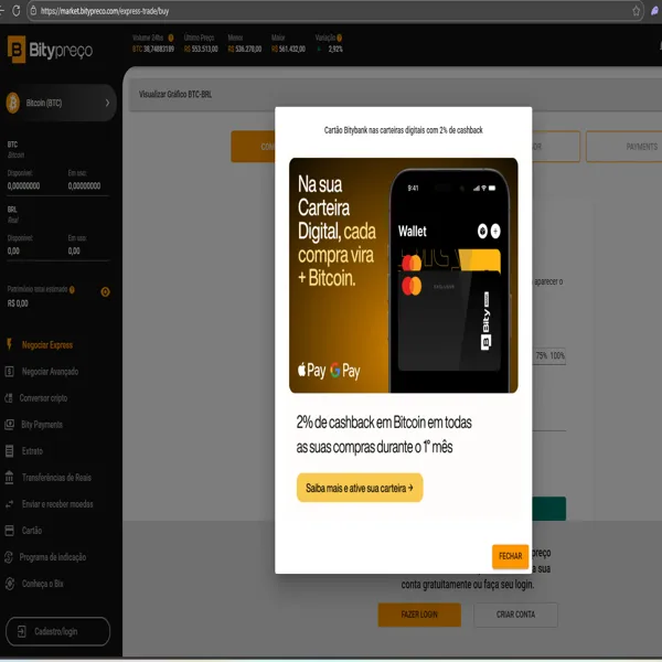 Promoção Bitybank: 2% de cashback em Bitcoin em todas as compras durante o primeiro mês via carteiras digitais Apple Pay e Google Pay.