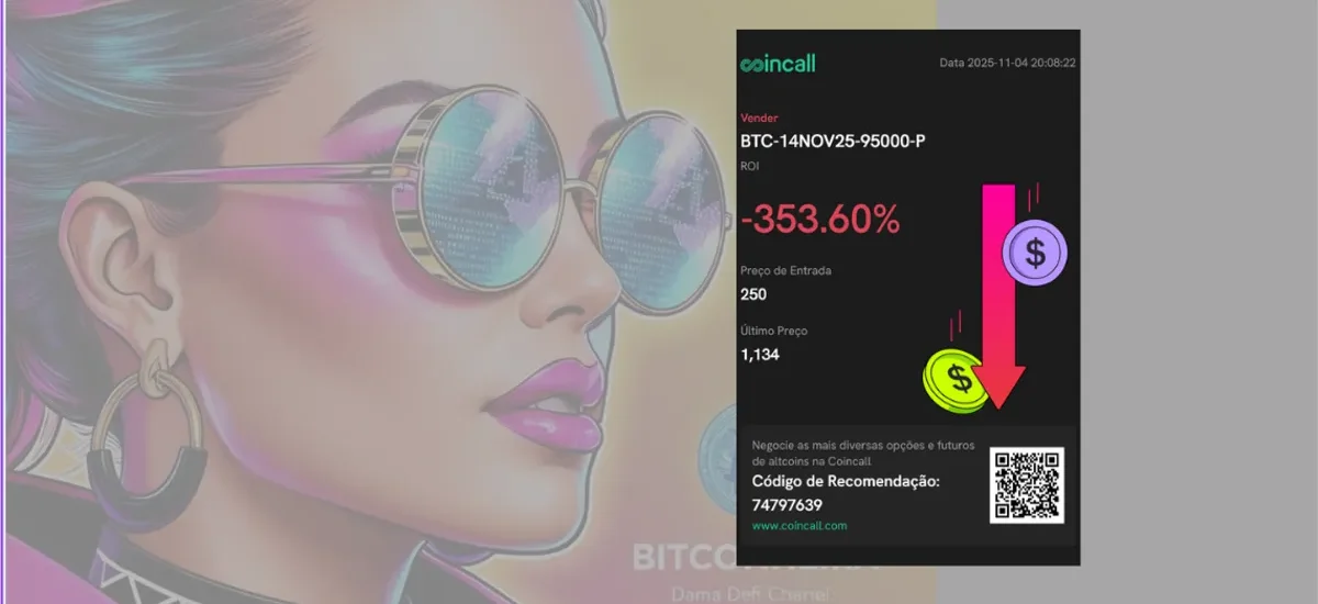 Imagem mostrando ROI negativo de -353% na Coincall sobre fundo artístico com personagem feminina estilizada