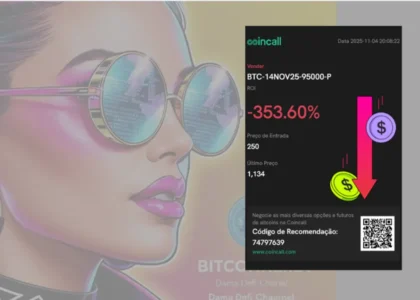 Imagem mostrando ROI negativo de -353% na Coincall sobre fundo artístico com personagem feminina estilizada