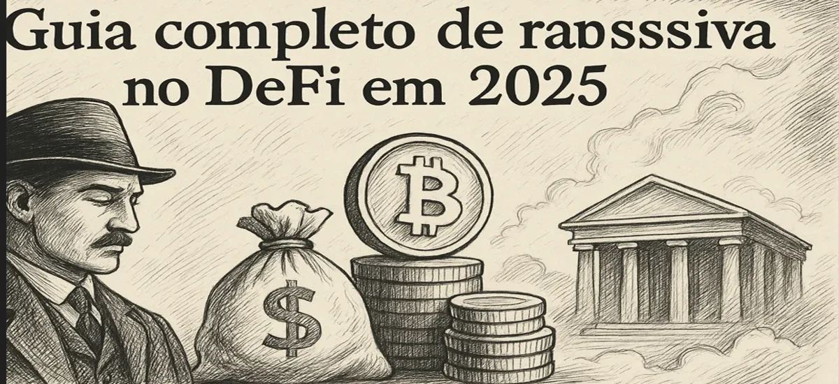 Ilustração vintage em preto e branco com tema de renda passiva no DeFi em 2025.