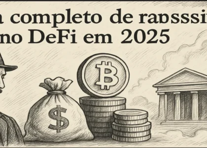 Ilustração vintage em preto e branco com tema de renda passiva no DeFi em 2025.