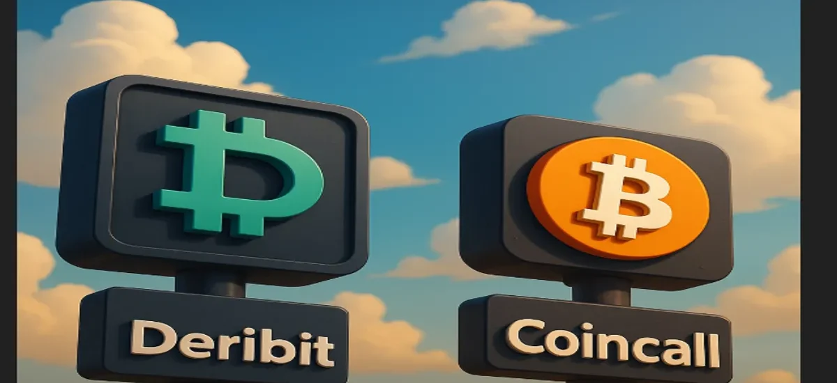 Ilustração estilo Pixar mostrando dois totens com os logos da Deribit e da Coincall lado a lado sob um céu com nuvens, representando a comparação entre plataformas de opções BTC.