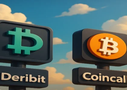 Ilustração estilo Pixar mostrando dois totens com os logos da Deribit e da Coincall lado a lado sob um céu com nuvens, representando a comparação entre plataformas de opções BTC.