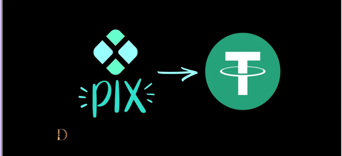 Conversão de USDT para reais via PIX – representação visual com ícones das duas moedas digitais.
