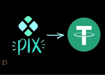 Conversão de USDT para reais via PIX – representação visual com ícones das duas moedas digitais.