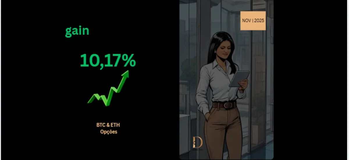 Capa Dama Talk Novembro 2025 mostrando ganho de 10,17% com operações de opções BTC e ETH.