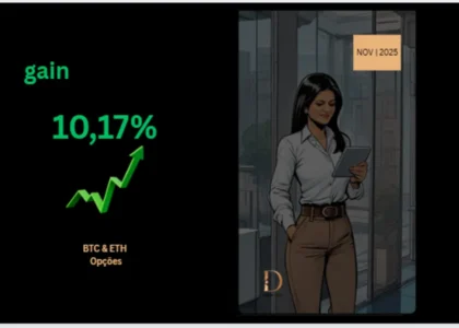 Capa Dama Talk Novembro 2025 mostrando ganho de 10,17% com operações de opções BTC e ETH.
