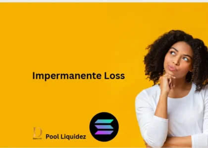 Mulher pensativa diante do conceito de Impermanent Loss no DeFi, com fundo amarelo e logo da Solana, representando o desafio das variações de preço em pools de liquidez