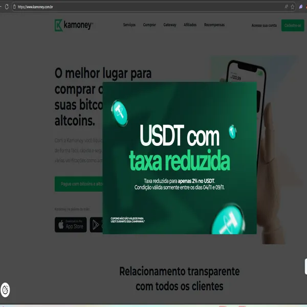 Promoção Kamoney: taxa reduzida para pagamentos com USDT entre 04 e 09 de novembro de 2025.