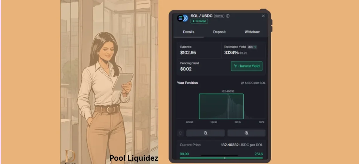 Dama DeFi analisando a pool de liquidez SOL/USDC na Orca com rentabilidade mensal de 3,13%