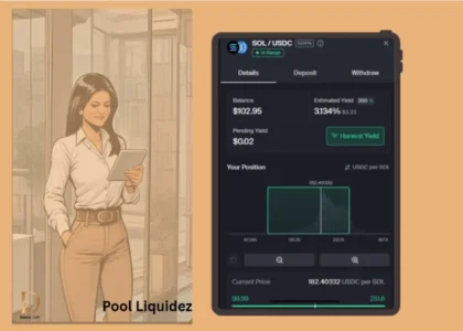 Dama DeFi analisando a pool de liquidez SOL/USDC na Orca com rentabilidade mensal de 3,13%